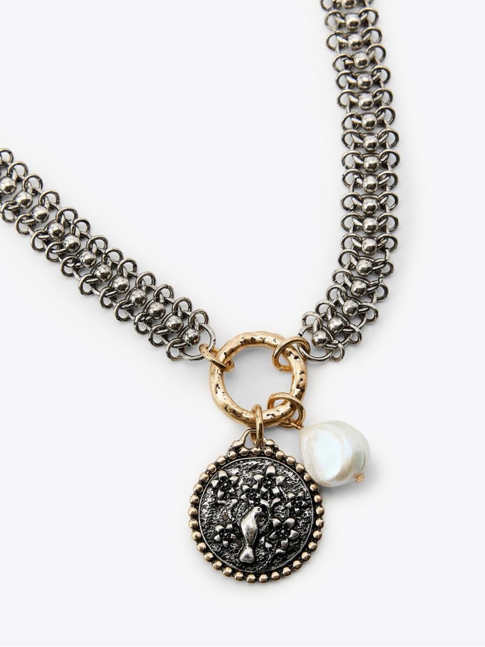 Zara Set of 3 Chains With Medallions Golden/Silver Charm Floral Bird Faux Pearl - Picture 3 of 5